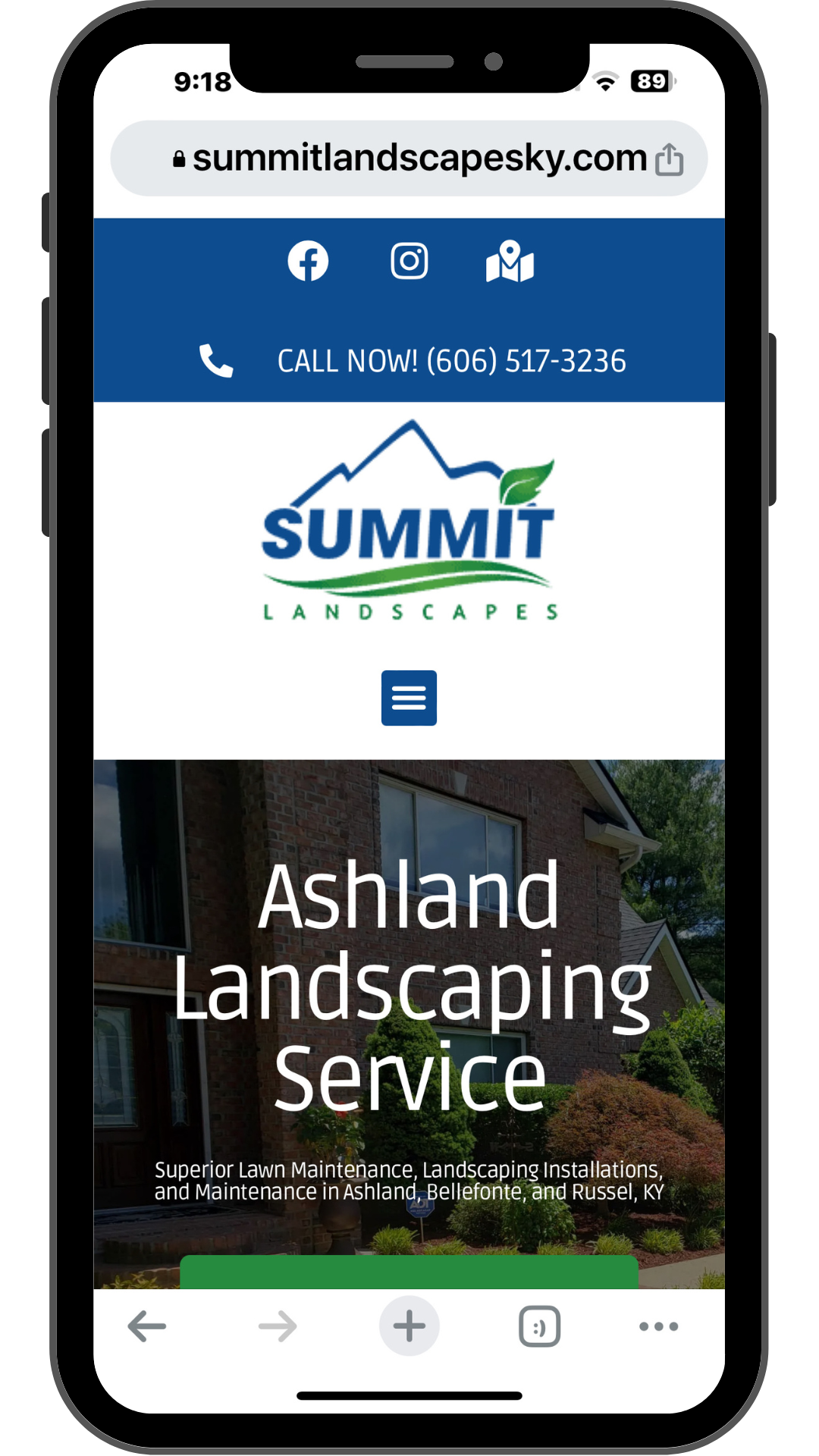 A Landscapers website optimized and showing on a mobile device.